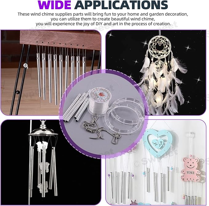 Swpeet 60Pcs Wind Chime Tubes Parts and Transparent Top Circles of Wind Chime with 100 Yard Wind Chime Wire and Swivel Hooks Clips Making