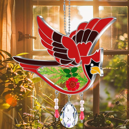 KY&BOSAM Crystal Cardinal SuncatcherStained Glass Hand Painted Color Sun Catcher for Windows Hangings Ornament with Pressed Flower and Heart Charm Gifts for Mom Mothers Day Birthday Christmas Decor