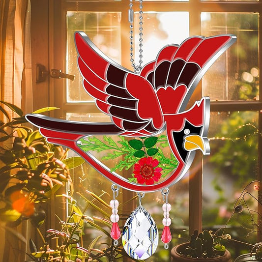 KY&BOSAM Crystal Cardinal SuncatcherStained Glass Hand Painted Color Sun Catcher for Windows Hangings Ornament with Pressed Flower and Heart Charm Gifts for Mom Mothers Day Birthday Christmas Decor