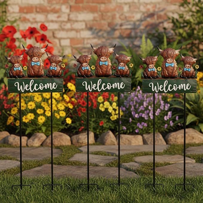 43.3inch Highland Cow Yard Stakes for Decorations Outdoor, Vintage Farmhouse Decorative Garden Stakes Large Metal Yard Art with Welcome Sign