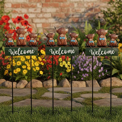 43.3inch Highland Cow Yard Stakes for Decorations Outdoor, Vintage Farmhouse Decorative Garden Stakes Large Metal Yard Art with Welcome Sign