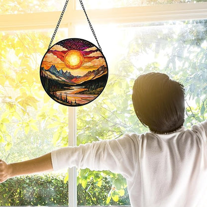 DASTOLL Stained Glass Window Hanging, Dusk Sunset Landscape Sun Catchers Glass Panel Lakes and Mountains Suncatcher Decor for Birthday for Women, Men, Wife, Aunt, and Mom 6.3 in
