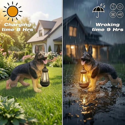 German Shepherd Garden Statue with Solar Lantern, Lifelike Dog Outdoor Decor with Interchangeable Welcome & On Patrol Sign, Waterproof Resin Animal Figurine for Porch, Yard, Patio, Dog Lover Gift