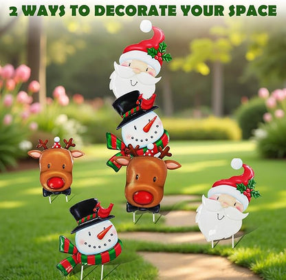 Christmas Decorations Outdoor Lawn Ornaments, Metal Christmas Decor Garden Art with 3 Santa Claus, Snowman, Elk Stakes, Detachable Valentine Gnomes Yard Signs Art Valentine Decorations Gift