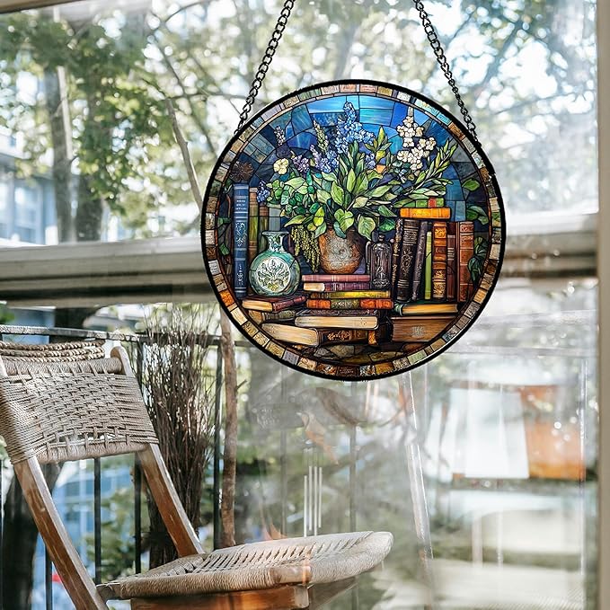 Stained Glass Window Hanging Teal Flower Vintage Books 6.3" - Blue Suncatcher Door Garden Sun Catcher Home Decor Birthday Christmas for Mom Men Woman Nana Friend