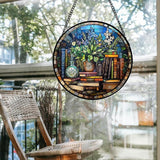 Stained Glass Window Hanging Teal Flower Vintage Books Large 15" - Blue Suncatcher Door Garden Sun Catcher Home Decor Birthday Christmas for Mom Men Woman Nana Friend