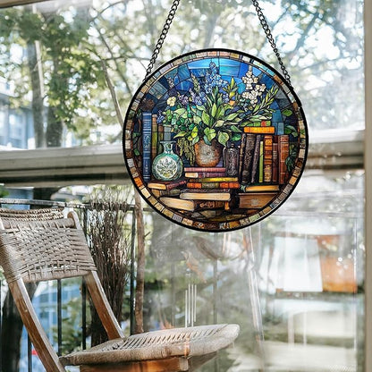 Stained Glass Window Hanging Teal Flower Vintage Books Large 15" - Blue Suncatcher Door Garden Sun Catcher Home Decor Birthday Christmas for Mom Men Woman Nana Friend
