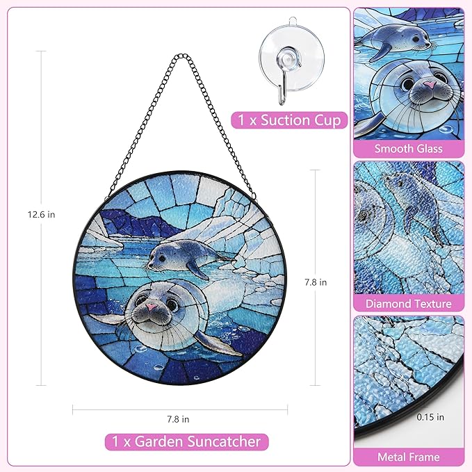 Stained Glass Window Hanging, Seal Circular Painted Glass Suncatcher with Chain & Suction Cup for Home Garden Door Decor, Birthday for Women Men Mom 7.8 in