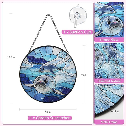 Stained Glass Window Hanging, Seal Circular Painted Glass Suncatcher with Chain & Suction Cup for Home Garden Door Decor, Birthday for Women Men Mom 7.8 in