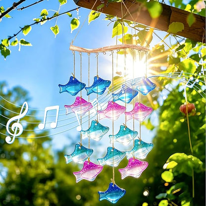 28.5" Blue Glass Sea Wind Chimes for Outdoor, Handcrafted Fish Wind Chimes for Outside, Small Unique Suncatcher Hanging Windchimes for Garden Patio Yard Beach Party Wedding Decor Women Gift