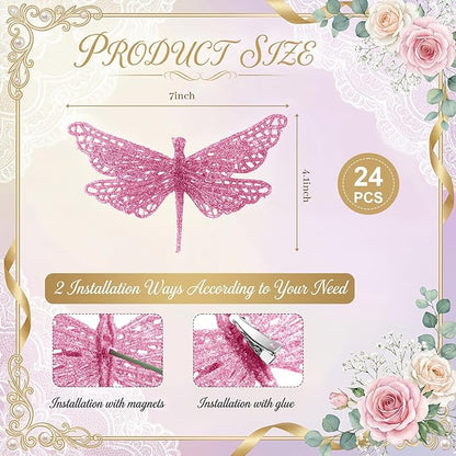 24 Pcs Glitter Dragonfly Decorations, Pink 3D Dragonfly Wall Decor with Clips Stem for Spring Summer Garden Party Wedding, Glitter Dragonflies for Floral Arrangement DIY Craft