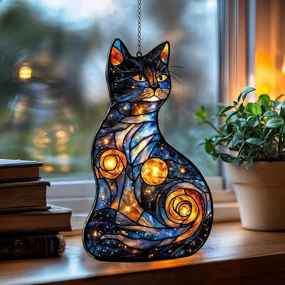 Starry Night Cat Acrylic Suncatcher, Boho Suncatchers for Window Hanging Ornament, Stained Glass Effect Art Garden Decor for Cat Lover, Gifts for Mother's Day, Mom, Grandma, Wife, Women, Nana