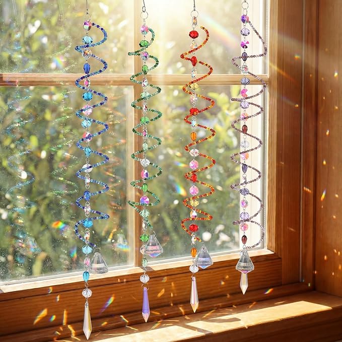 Suncalla 4 Pcs Crystal Sun Catcher for Window Hanging Spiral Gazing Ball Spiral Tail Wind Spinners Outdoor Crystal Ball and Chain Crystals Beads for Indoor Outdoor Garden Patio Porch Decoration