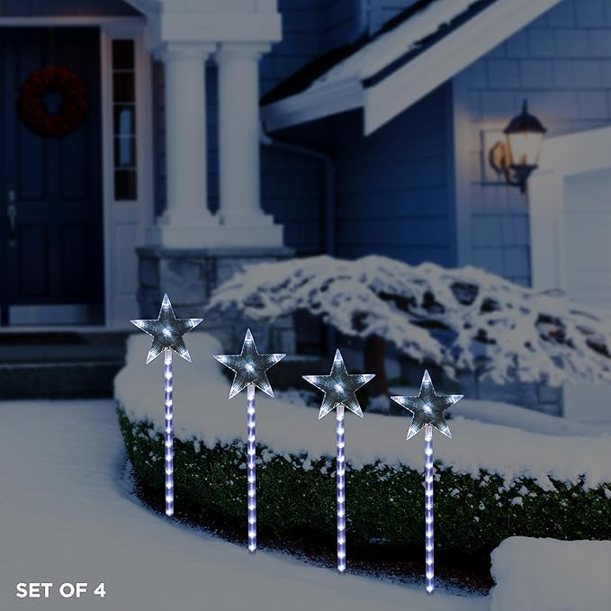 Alpine Corporation Holiday Décor Shooting Star Garden Stake with LED Lights, 4-Pack, Christmas Decoration