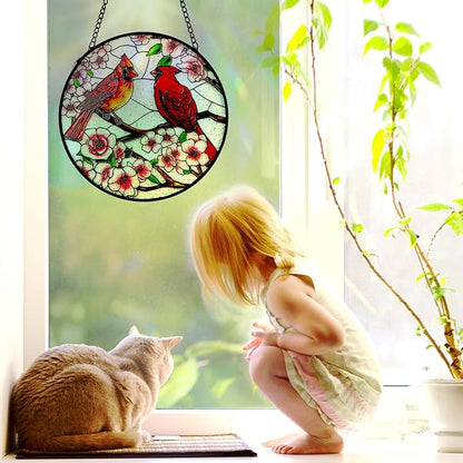 Remiawy Cardinal Stained Glass Window Hanging, 8 Inch Sun Catcher Glass Panel with Metal Chain and Hooks Suncatcher Indoor Window Wall Art Home Decor Gift for Bird Lovers Women Mother's Day Christmas