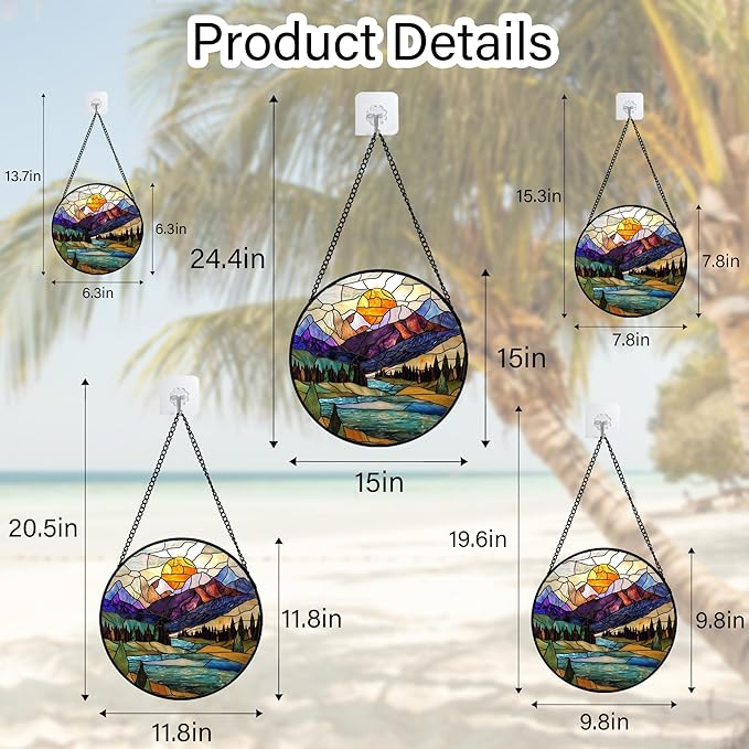 Stained Glass Window Hanging, Mountains River Trees Abstract Sunset Landscape Suncatcher for Doors Window Home Sun Catchers Decor Mother's Day Birthday Gifts for Women Men Mom 9.8 in