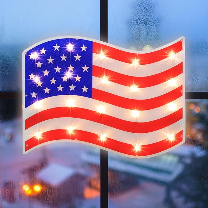 LAMPHOME 17.3'' Lighted Holographic American Flag Window Silhouette Decoration, 17 Inches, Red, White and Blue - Patriotic Decor