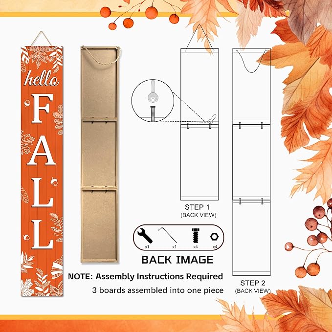 Hello Fall Porch Sign Autumn Leaves Wooden Welcome Sign Vertical Fall Hanging Signs For Standing Front Porch Decor Rustic Wall Decor Home Farmhouse Yard Door Fall Decorations 47.2"H