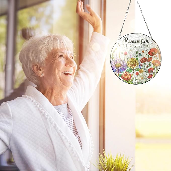 FLAGWIX Birthday Gifts for Mom from Daughter Son - Remember I Love You Stained Glass Window Hanging with Base 8 in - Mothers Day Decorations Gifts for Mom from Kids, Best Presents for Moms Mama
