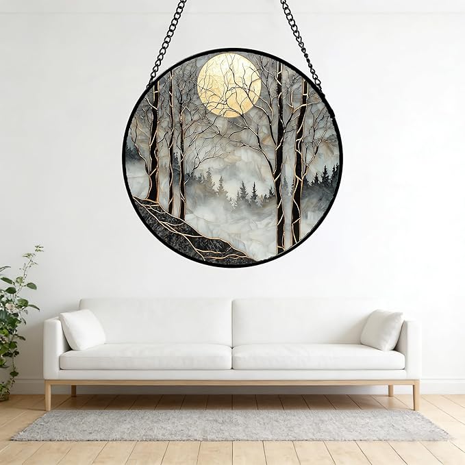 Stained Glass Window Hanging - Black and White Gold Moon Forest Sun Catcher for Door Home Decor Suncatcher Christmas Mother's Day Birthday Gifts for Women Men Lovers Mom Nana 7.8 in