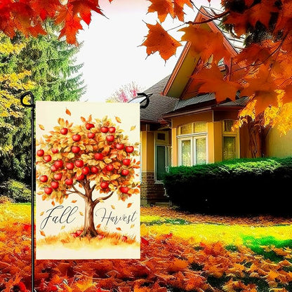 Fall Garden Flag Red Apple Fall Harvest Yard Flag Autumn Tree Maple Leaves Vertical Double Sided Garden Flags Thanksgiving Holiday House Banner Outside Decorations 12x18 Inch