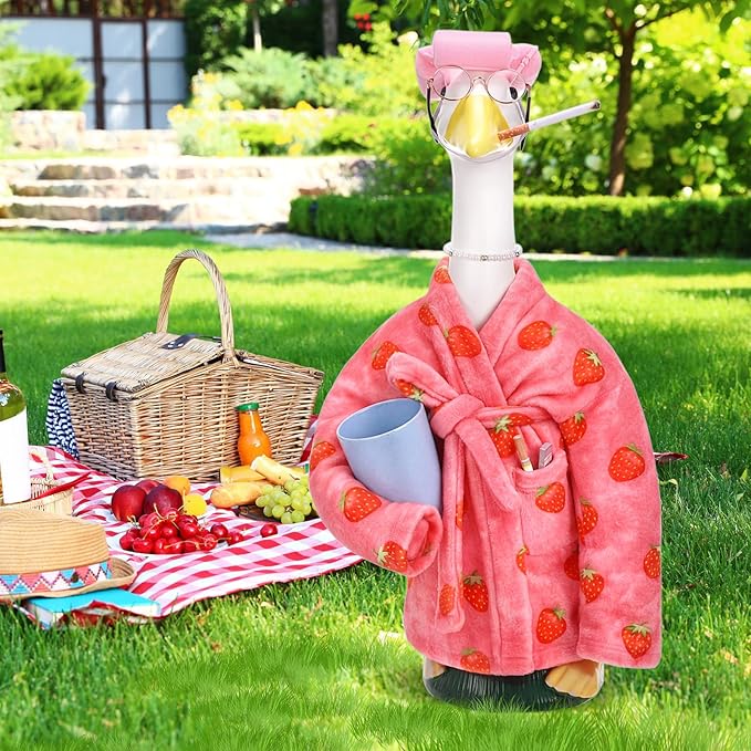 Porch Goose Statue Outfits Set Porch Goose Clothes with Bathrobe Curlers Costumes for 23" Plastic Statue Patio Yard Garden Lawn Outdoor Decoration(Pink, Strawberry)