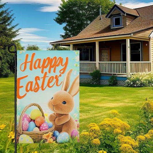 Happy Easter Bunny Garden Flag 12x18 Inch Double Sided Rabbits Colorful Eggs Yard Flags Spring Floral Small Flags for Outside Graden Home Decorations