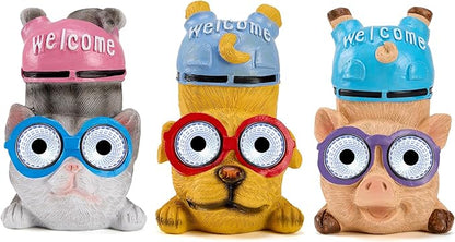 pearlstar 3 Pack Solar Lights Outdoor Garden Statues Resin Animal with Welcome Sign, Mothers Day Gifts for Mom Grandma, Cat Dog Pig Solar Figurines LED Lights Waterproof Outside Decor for Patio Yard