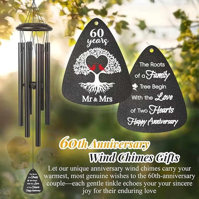 60th Anniversary Wind Chimes Gifts for Men Women,Romantic 60 Year Anniversary for Couples, Wife, Husband, Parents, Friends, 60th Wedding Gifts Idea of Happy Anniversaries Decorations,Black
