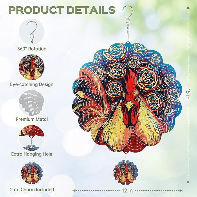 Wind Spinners Outdoor, IDEA SHOW 12In Stainless Steel Wind Spinners Outside, 3D Kinetic Hanging Sculpture, Rustproof Metal Garden Decor Ornaments for Yard Art, Women, Men, Holidays