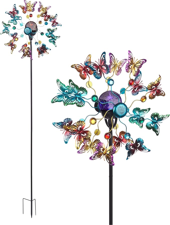 Alpine Corporation 60" Tall Outdoor Solar Metal Butterfly Wind Spinners with Color Changing LED Lights, Garden Decor, Multicolor