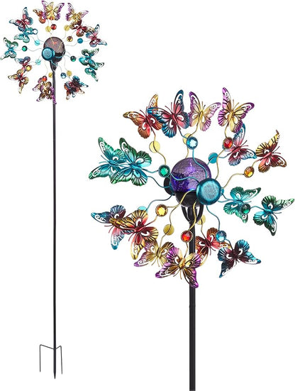 Alpine Corporation 60" Tall Outdoor Solar Metal Butterfly Wind Spinners with Color Changing LED Lights, Garden Decor, Multicolor