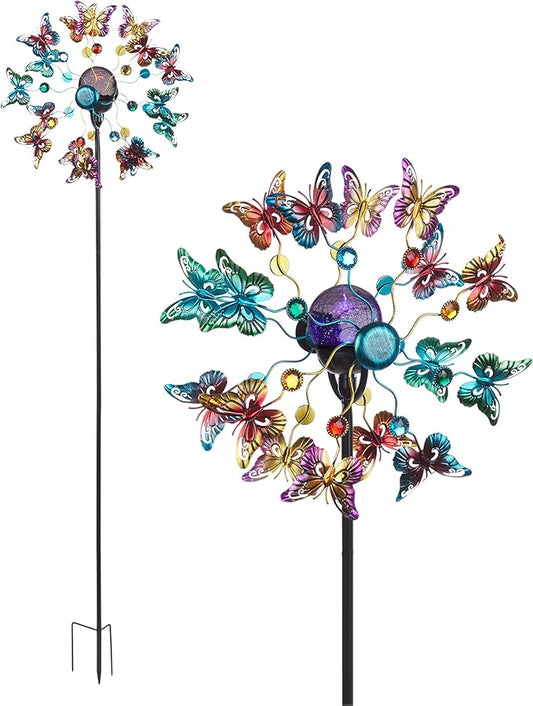 Alpine Corporation 60" Tall Outdoor Solar Metal Butterfly Wind Spinners with Color Changing LED Lights, Garden Decor, Multicolor
