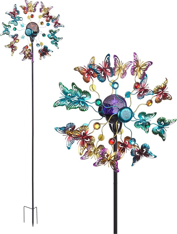 Alpine Corporation 60" Tall Outdoor Solar Metal Butterfly Wind Spinners with Color Changing LED Lights, Garden Decor, Multicolor
