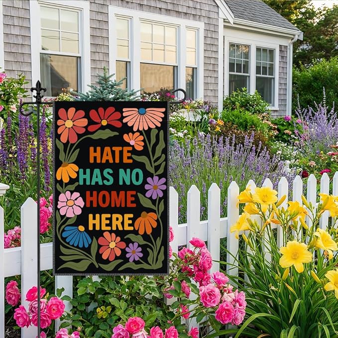 Hate Has No Home Here Black Garden Flag, 12 x 18 Inch Double Sided Protest Themed Decor Flag for Outdoor Garden Yard Porch, Social Justice Gifts for Equality Supporter, Diversity Welcome Sign