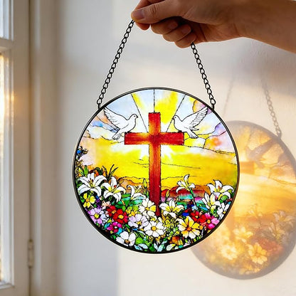 Stained Glass Window Hanging, 7.8 in Cross White Dove Suncatcher, Stained Glass Home Decor, Decorative Ornament Boho Wall Art, Ideal Gift for Mom Grandma Religious Christian Families
