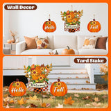 3 Pcs Metal Pumpkin Yard Stakes with Welcome Sign Hello Fall Pumpkin Yard Signs Hanging Wall Decor Farmhouse Decorative Garden Stakes for Autumn Harvest Thanksgiving Outdoor Walkway Decor