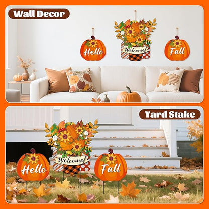 3 Pcs Metal Pumpkin Yard Stakes with Welcome Sign Hello Fall Pumpkin Yard Signs Hanging Wall Decor Farmhouse Decorative Garden Stakes for Autumn Harvest Thanksgiving Outdoor Walkway Decor