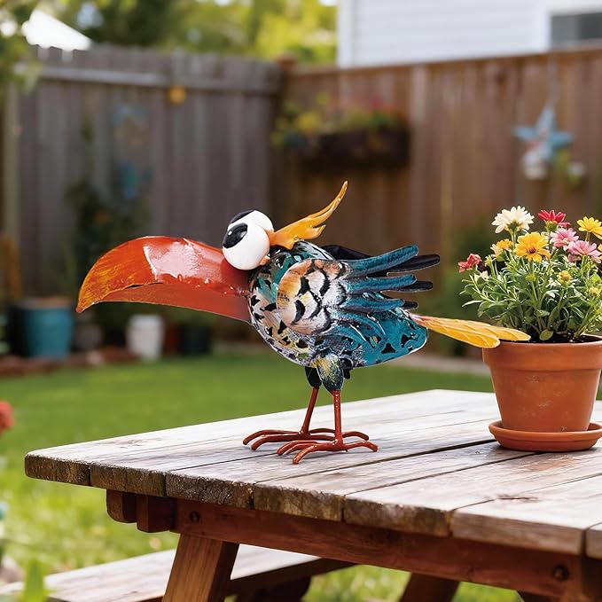 Bird Sculpture Yard Decor - Funny Shut Up Big Eyes Metal Birds Statue for Garden Patio Lawn Outdoor Standing, Art Figurine Desk Decoration Ornament Gifts for Housewarming Christmas