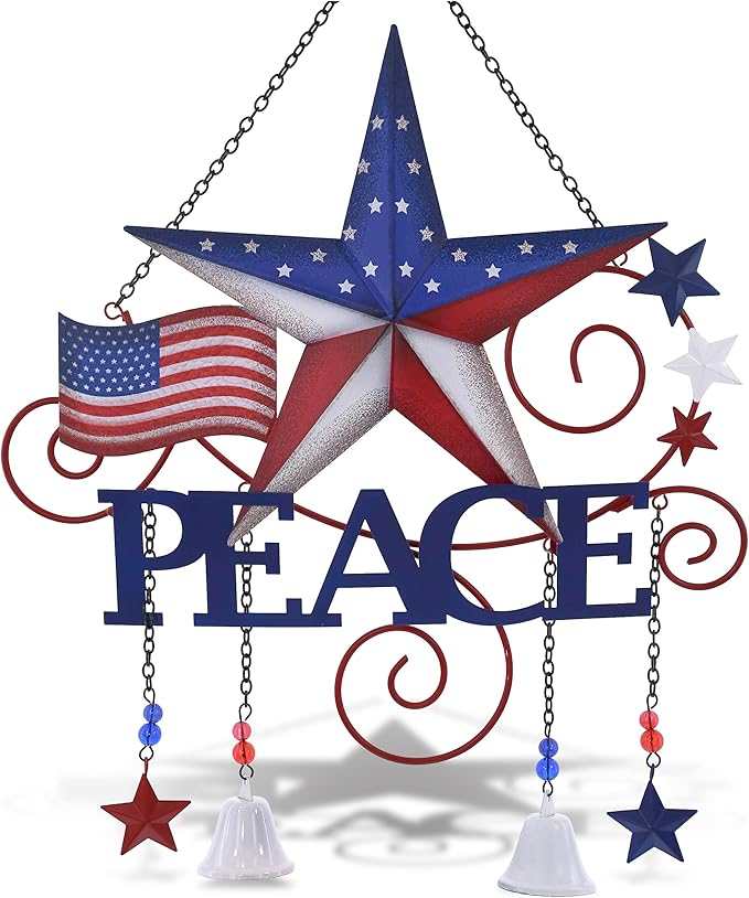 CoTa Global USA Flag Peace Wind Chime - American Flag Patriotic Indoor or Outdoor Windchime Home Decor with Hanging Bells, Handcrafted Glass and Metal Wind Chimes for Yard, Garden, Porch - 20 Inches