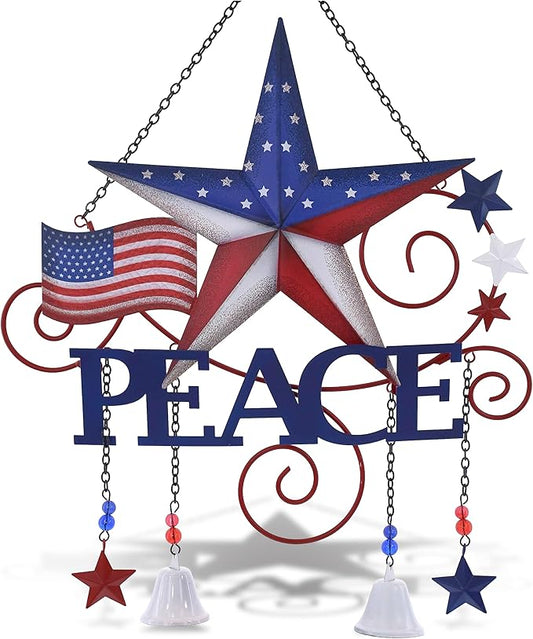 CoTa Global USA Flag Peace Wind Chime - American Flag Patriotic Indoor or Outdoor Windchime Home Decor with Hanging Bells, Handcrafted Glass and Metal Wind Chimes for Yard, Garden, Porch - 20 Inches