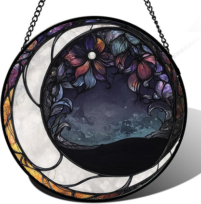 Stained Glass Window Hanging - Black and White Moon Sun Catcher for Door Terrace Garden Home Decor, Abstract Plant Flower Suncatcher Birthday Gifts for Lovers Women Men Dad Mom Nana 15 in