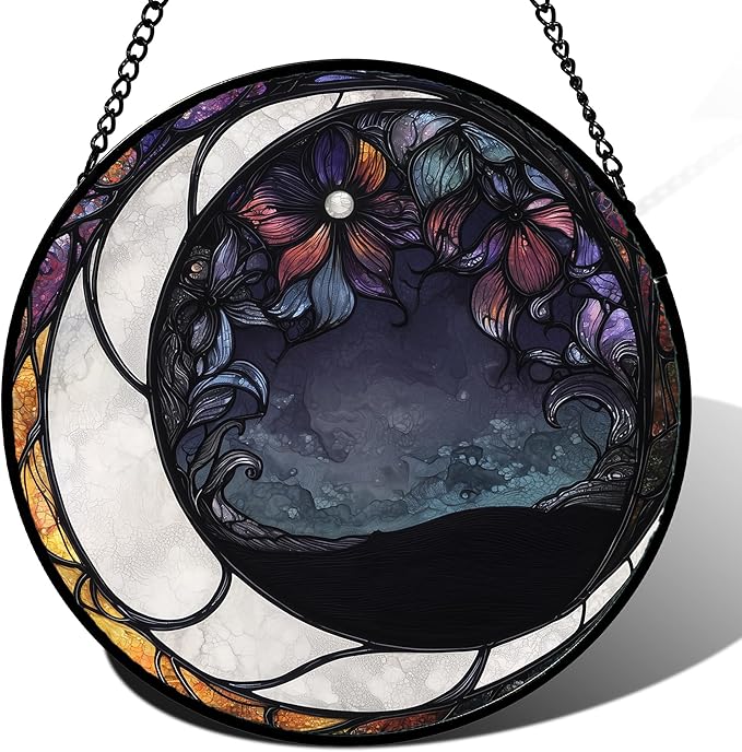 Stained Glass Window Hanging - Black and White Moon Sun Catcher for Door Terrace Garden Home Decor, Abstract Plant Flower Suncatcher Birthday Gifts for Lovers Women Men Dad Mom Nana 7.8 in