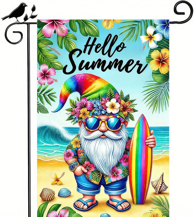 BlissYard Hello Summer Garden Flag Beach Gnome Flag 12x18 Inch Double Sided Welcome Summer Holiday Yard Flag Outside Decoration Farmhouse Outdoor Small Decor