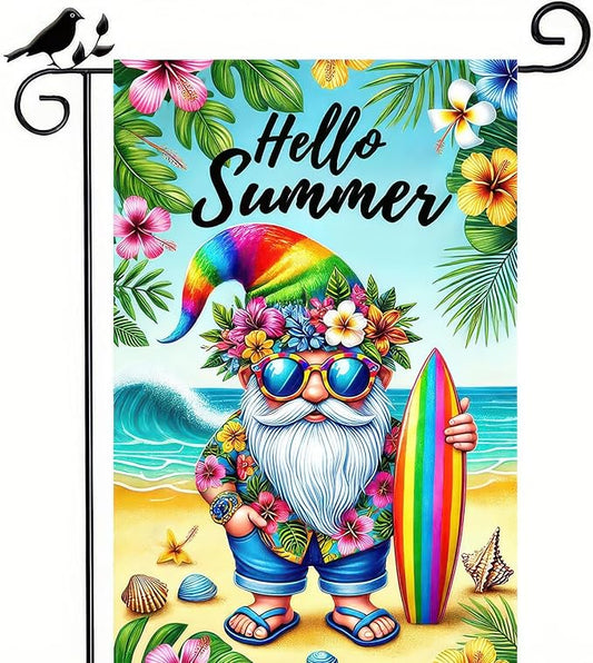 BlissYard Hello Summer Garden Flag Beach Gnome Flag 12x18 Inch Double Sided Welcome Summer Holiday Yard Flag Outside Decoration Farmhouse Outdoor Small Decor