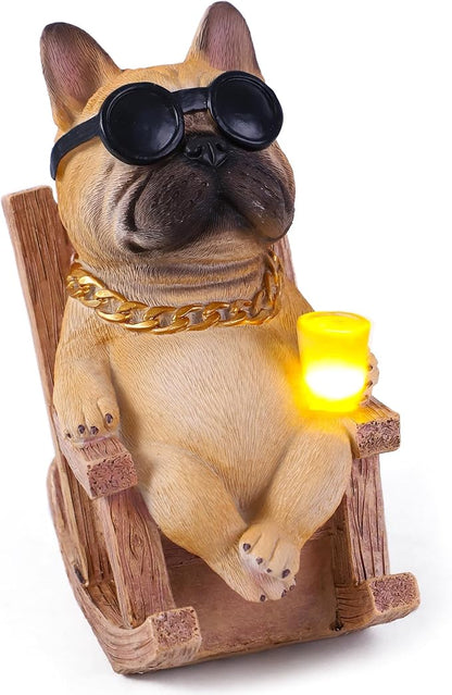 Solar French Bulldog Garden Statue, Funny Frenchie Dog Figurine for Outdoor Yard, Patio, & Lawn Décor, Unique Frenchie Gifts for Housewarming & Birthday,7 Inch Resin (Fawn)