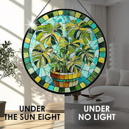 Stained Glass Suncatcher for Window, 7.9" Green Monstera Leaf Sun Catcher Hanging, Colorful Glass Panel Decor for Birthday, Christmas, Housewarming Gifts for Women & Men
