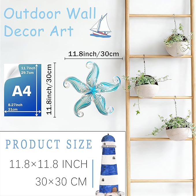 POXOHO Starfish Coastal Wall Decor Art, Starfish Beach Theme Bathroom Decor for Bedroom House Home, 12" Hanging Glass Sculpture, Beach Wall Art Ocean Gifts for Women & Men (Sky Blue)