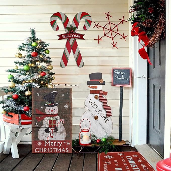 Christmas Candy Cane Garden Stake Decor, Metal Candy Cane Hanging Welcome Sign Outdoor Yard Sign Lawn Stake 27.5"H, Merry Christmas Yard Decor Xmas Holiday Decoration