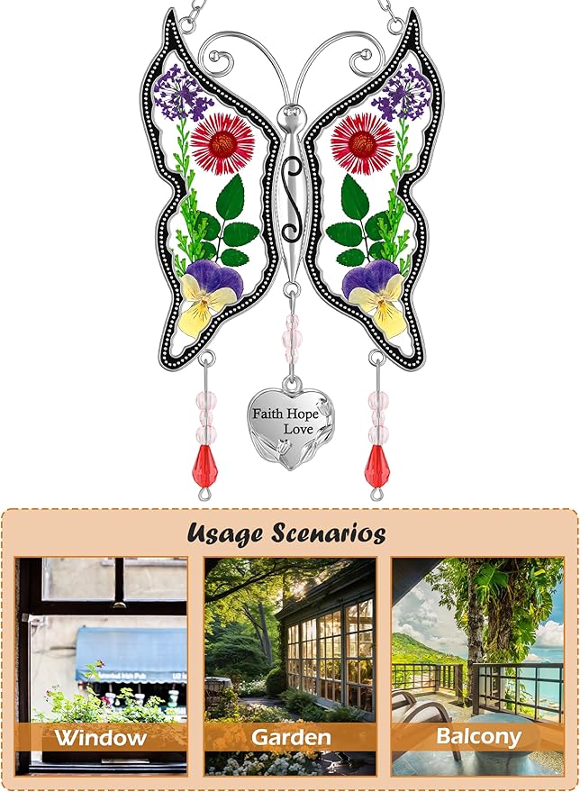 KY&BOSAM Butterfly Suncatcher Faith Hope Love Stained Glass Sun Cathers for Windows Hangings Wind Chime Ornament, Real Flower Wings Charm with Metal Mother's Day Mom Sister Birthday Gifts